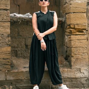 Solid front with printed back and patchwork harem pants