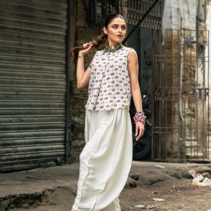 Block printed top with solid harem pants