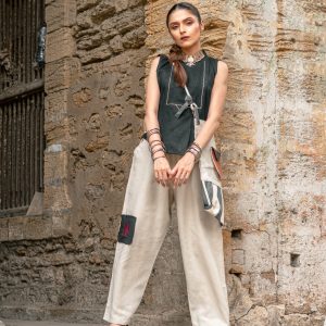 Black Embroidery Top And Striagh Pants With Patch