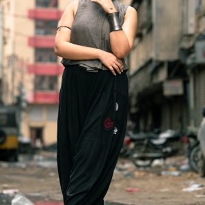 Solid top with patchwork harem pants